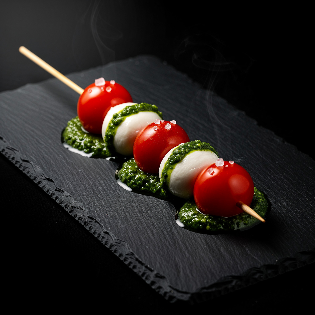 Perla de mozzarella di bufala con pesto fresco y tomate cherry confitado