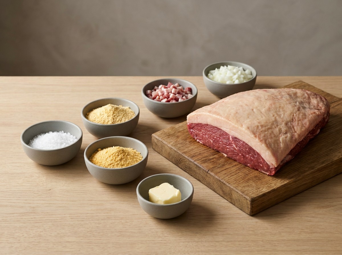 Ingredientes de la picanha: pieza con capa de grasa, sal gruesa, harina de yuca, panceta y cebolla