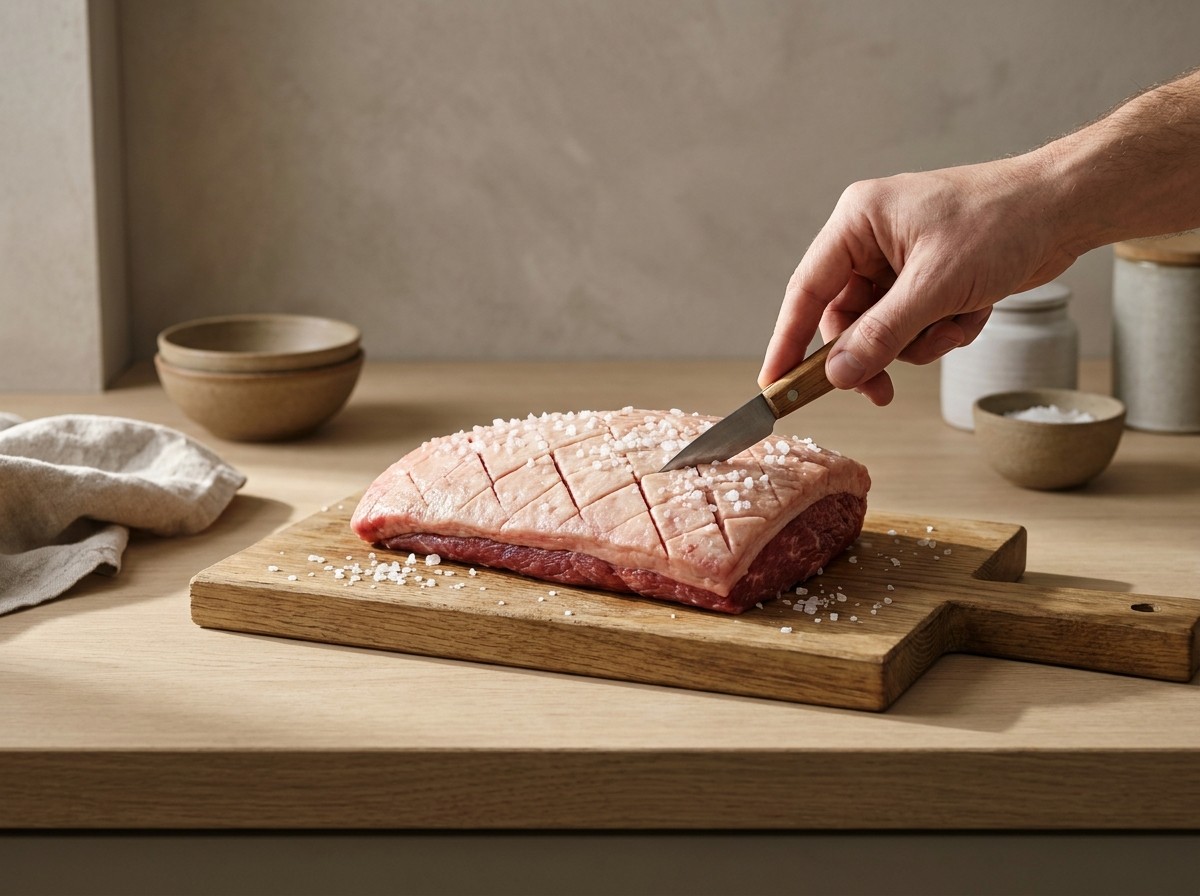 Capa de grasa de la picanha marcada en rombos y cubierta de sal gruesa