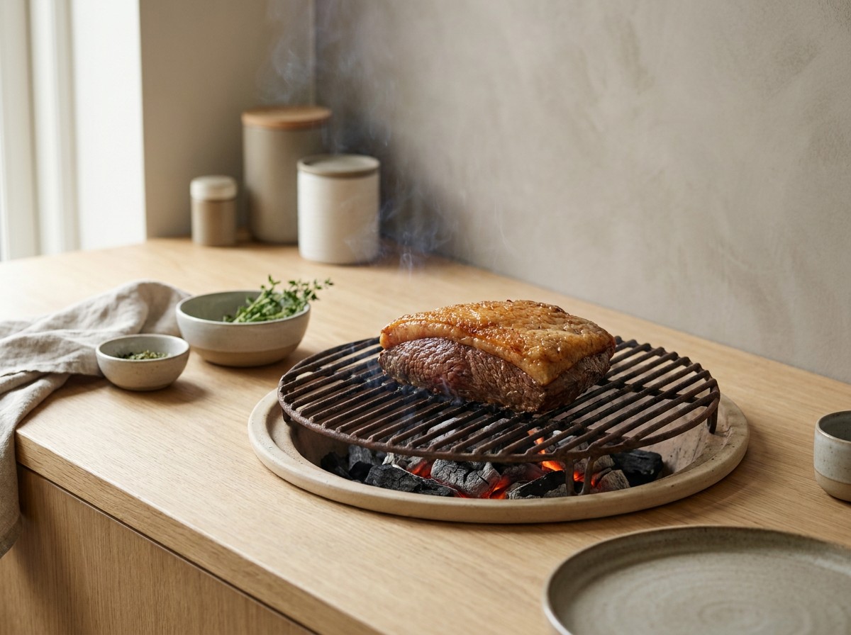 Picanha asándose por el lado de la grasa sobre la brasa