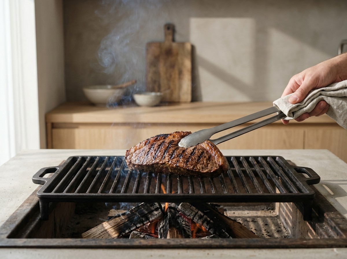 Picanha sellándose por el lado de la carne con marcas de parrilla