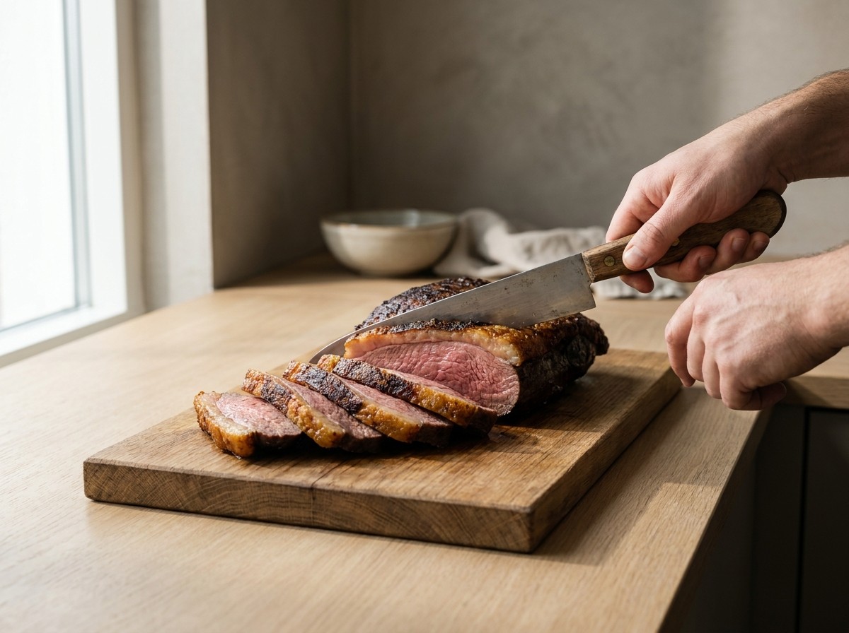 Picanha cortándose en lonchas contra la fibra con su capa de grasa