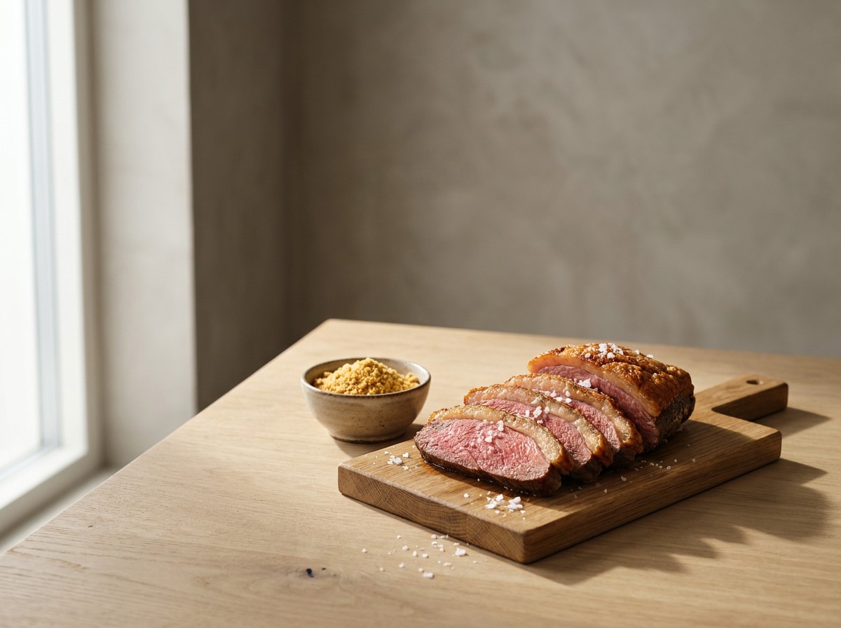 Picanha brasileña en tabla de roble: lonchas jugosas con interior rosado y capa de grasa dorada, escamas de sal y un cuenco de farofa dorada al lado.