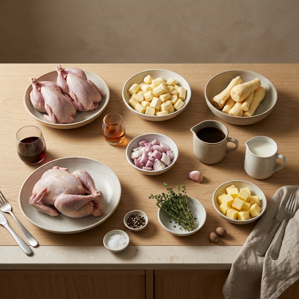 Mise en place: pichones de Bresse, chirivías, coñac, vino tinto, chalota, ajo y fondo oscuro sobre superficie neutra
