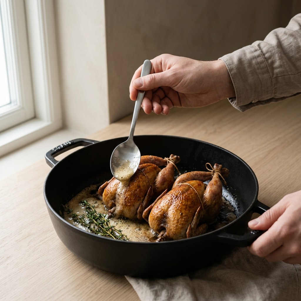 Pichones de Bresse dorándose en una cocotte de hierro con mantequilla y tomillo