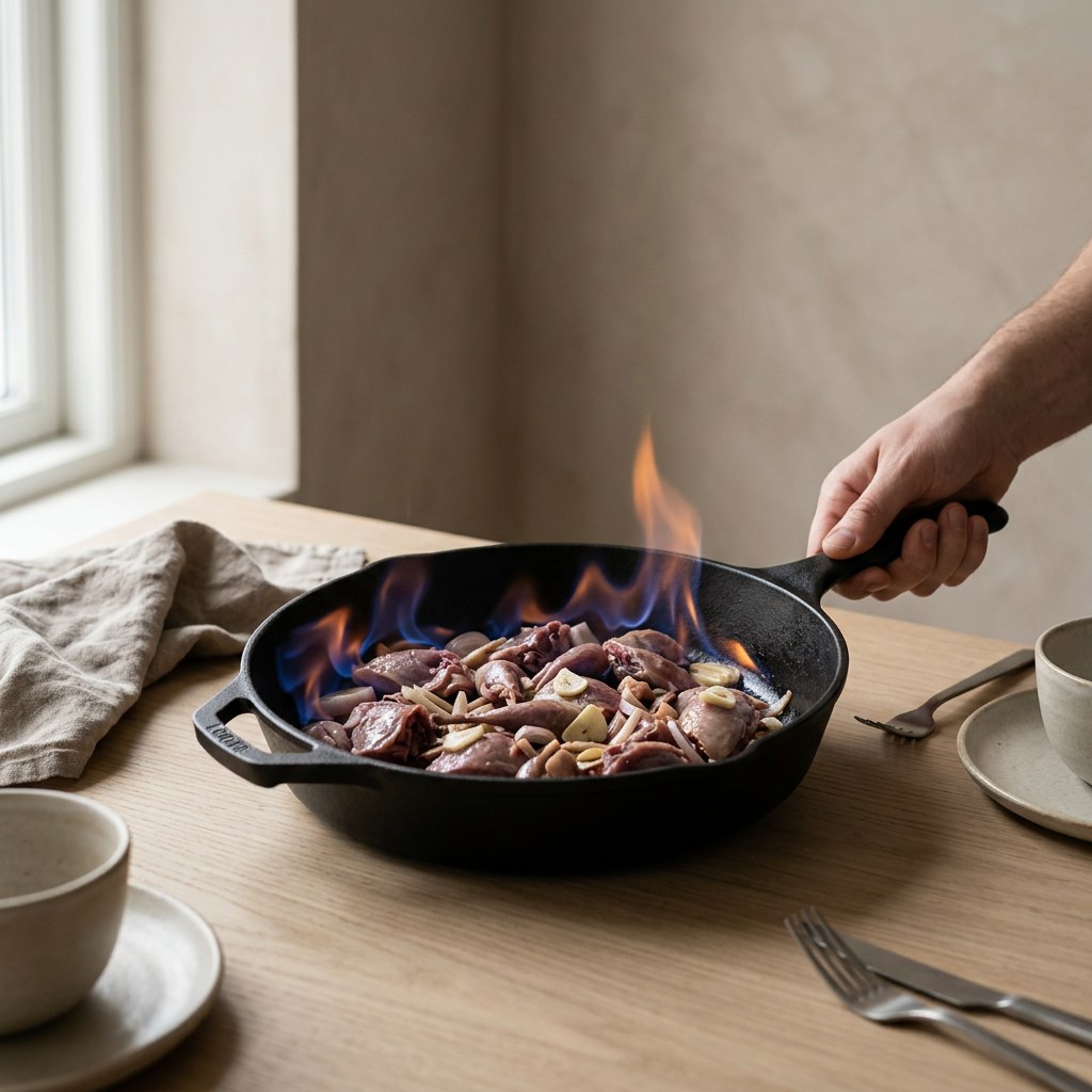 Carcasas de pichón flambeándose con coñac en la cocotte