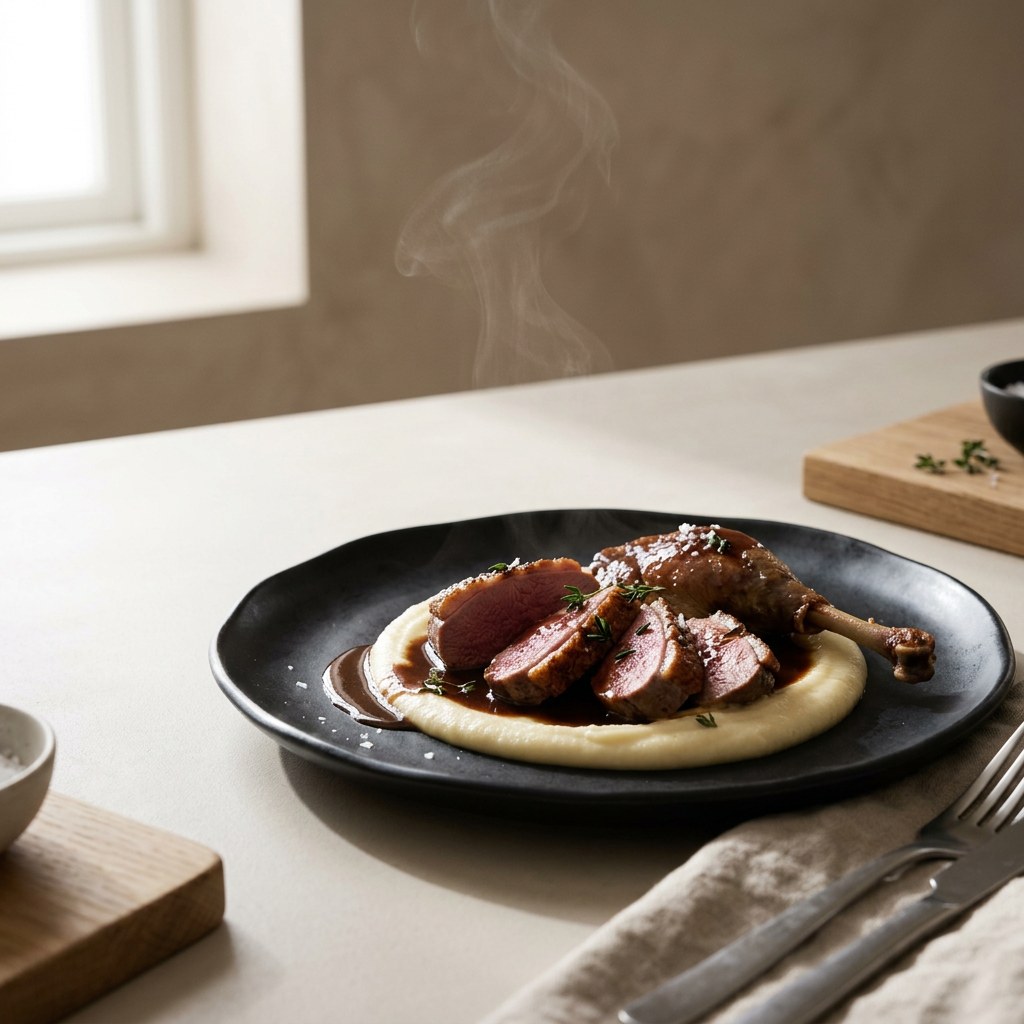Roasted Bresse pigeon breast with glossy salmis sauce and silky parsnip puree on a matte black plate, soft left window light, faint steam, fine dining presentation