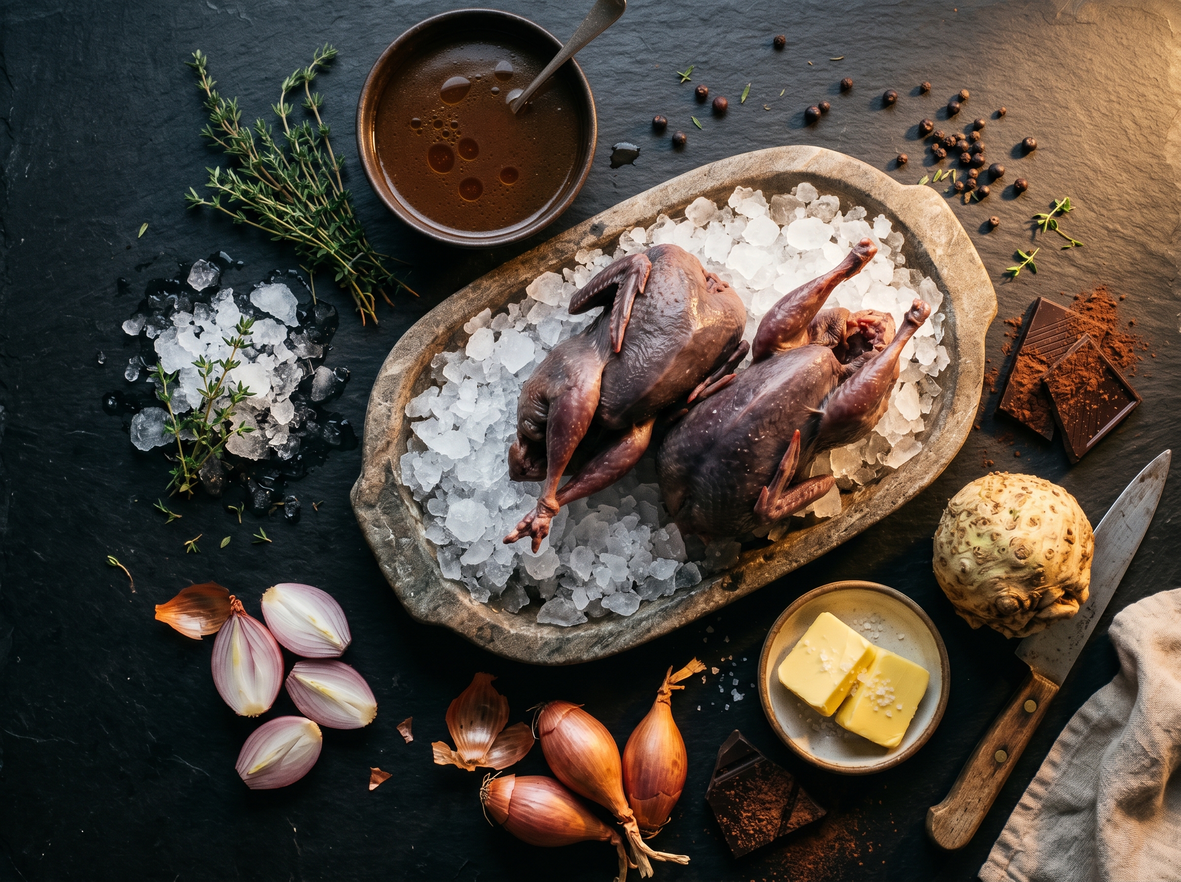 Flat lay de pichones, chocolate 70%, apio-nabo, oporto y especias sobre pizarra oscura