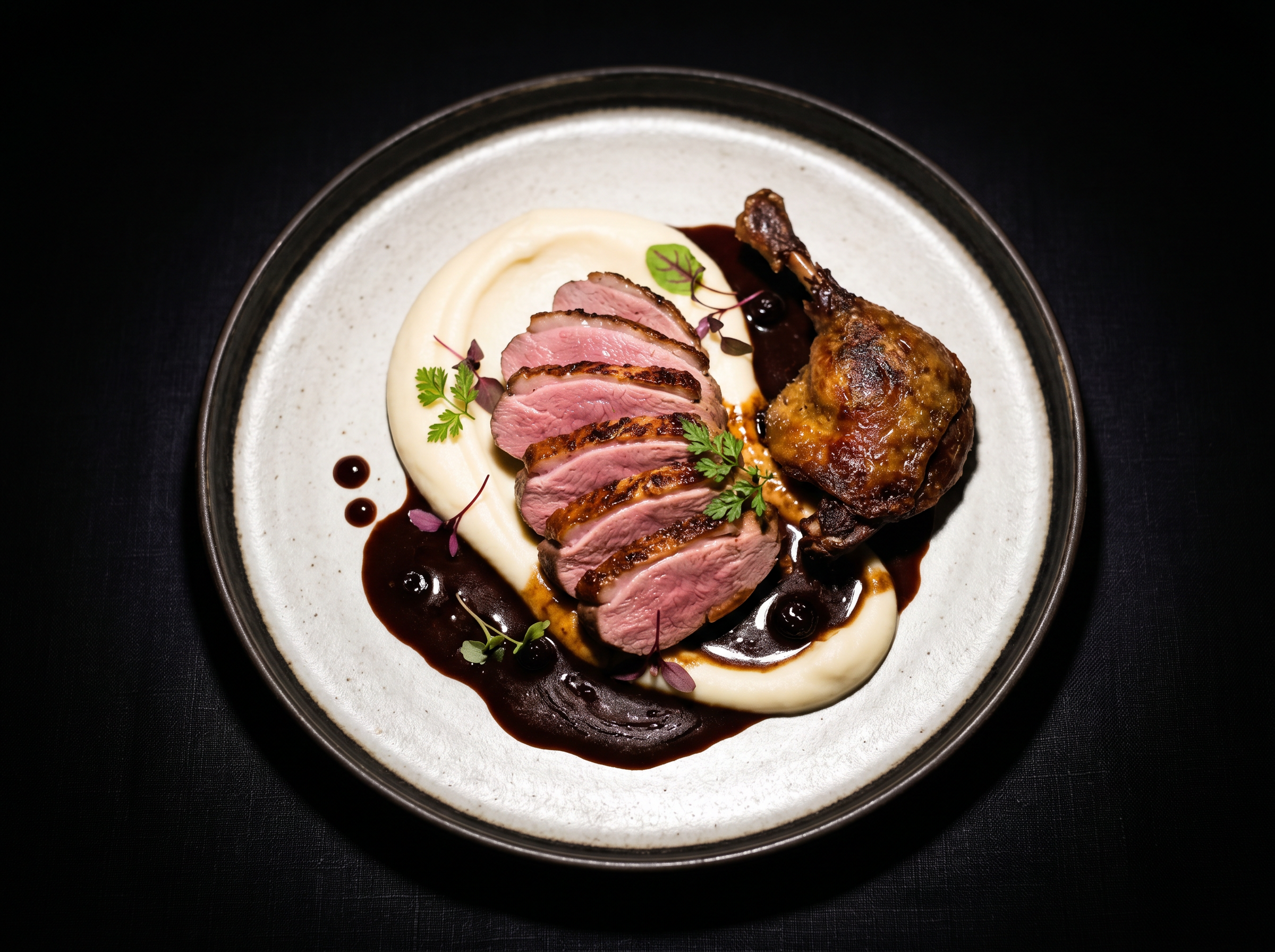 Pichón asado a dos cocciones con salsa de cacao y puré de apio-nabo