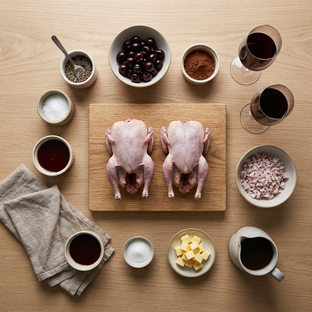 Mise en place: pichones, cerezas negras, cacao, oporto, vino tinto, chalota y fondo oscuro sobre superficie neutra