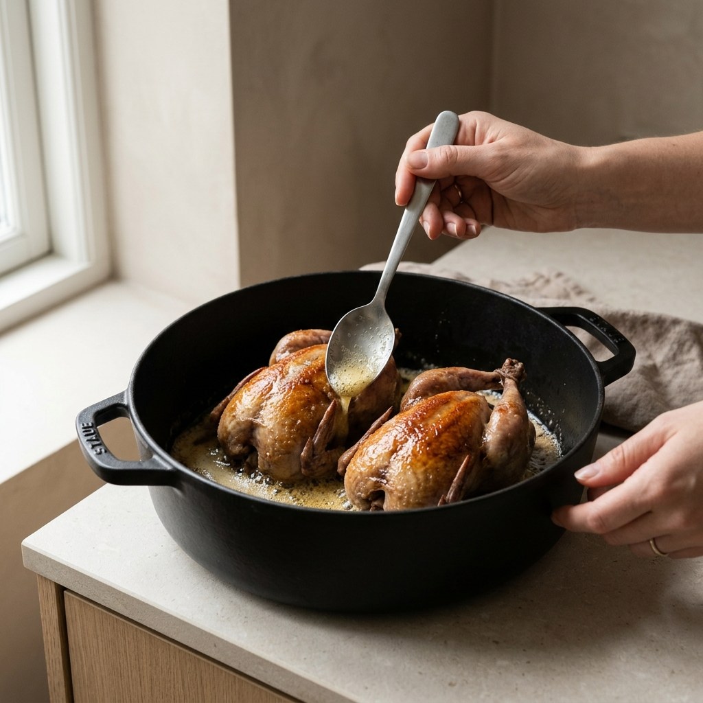 Pichones dorándose en una cocotte de hierro con mantequilla