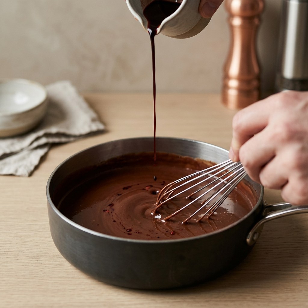 Salsa a la sangre ligándose fuera del fuego con cacao hasta quedar brillante