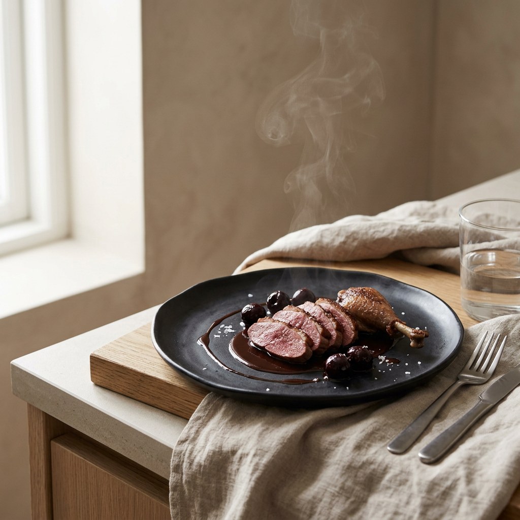 Rare roasted pigeon breast with glossy dark blood-thickened cherry and cocoa sauce, black cherries, on a matte black plate, soft left window light, faint steam, fine dining presentation