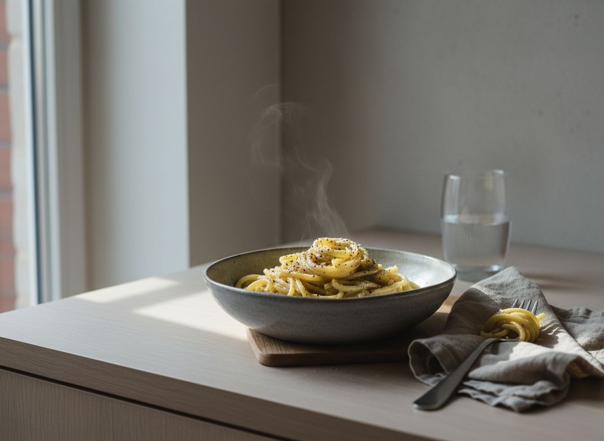 Pici gruesos cacio e pepe enrollados en cuenco de cerámica gris piedra, cremosos con pecorino y pimienta negra, con un ligero vapor, luz natural suave desde la izquierda.