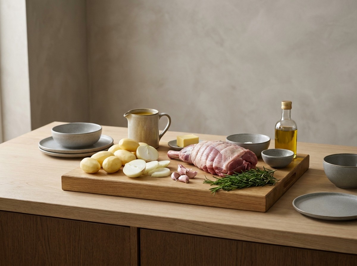 Ingredientes: pierna de cordero, patatas, cebolla, ajo, romero y caldo