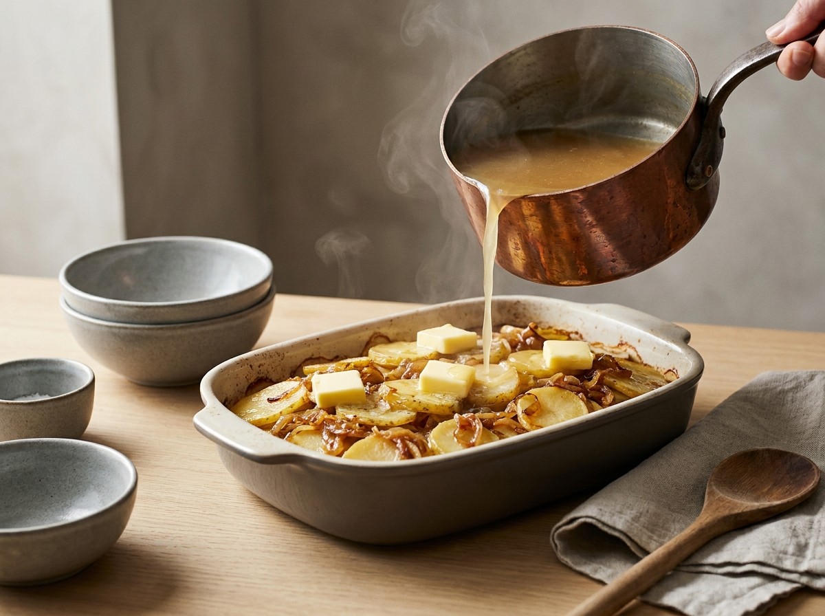 Caldo vertiéndose sobre las patatas con mantequilla