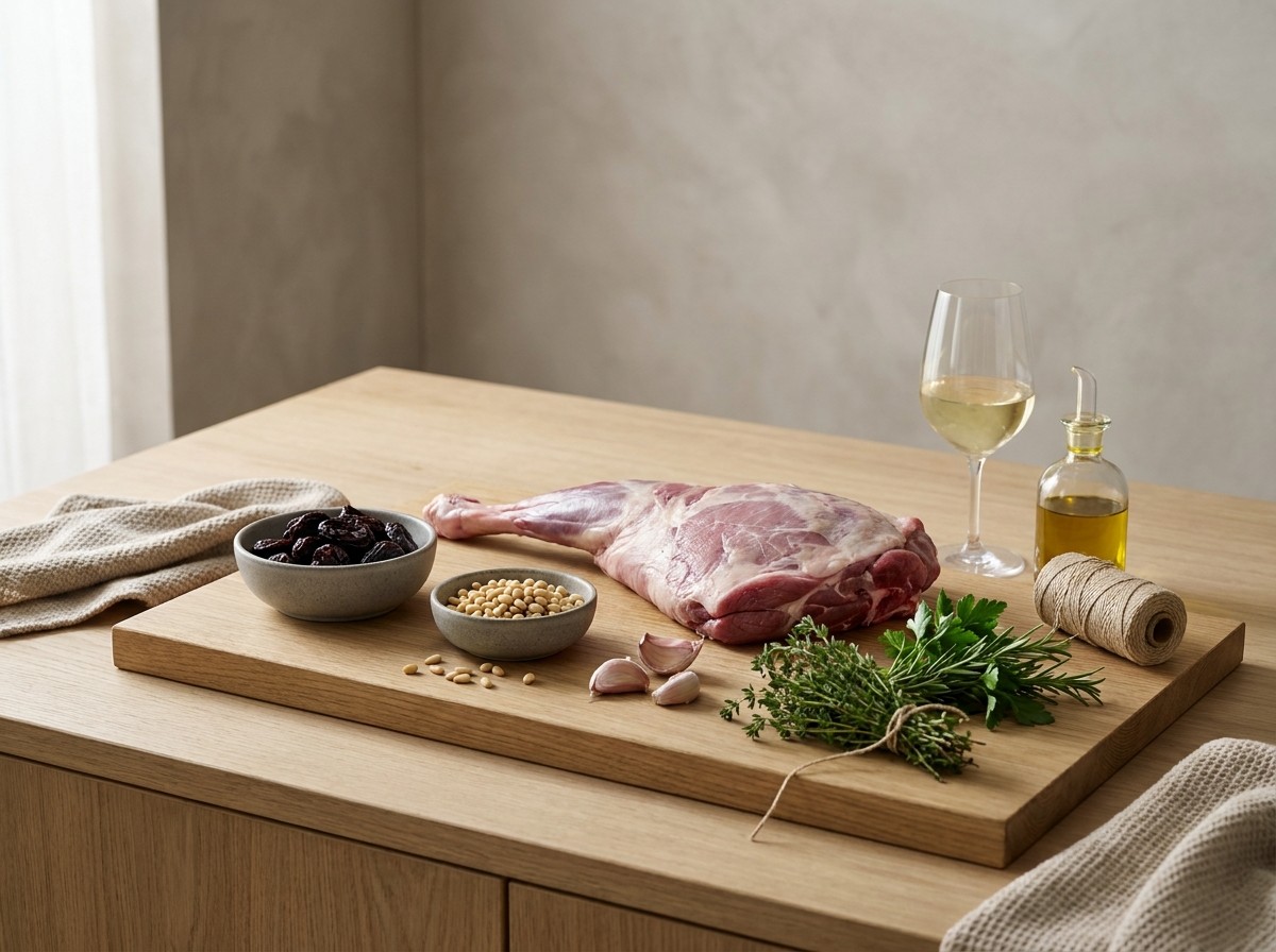 Ingredientes: pierna de cordero deshuesada, ciruelas pasas, piñones, ajo y hierbas