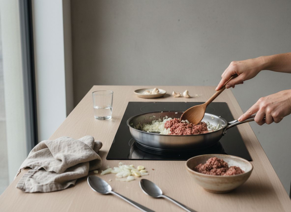 Carne picada dorándose en la sartén con cebolla pochada, con el fondo tostado y el vino blanco evaporándose