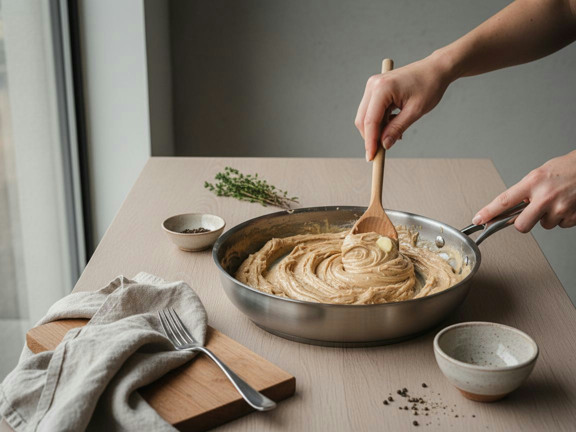 Relleno de carne ligado con bechamel espesa dejando surco al pasar la cuchara por el fondo de la sartén