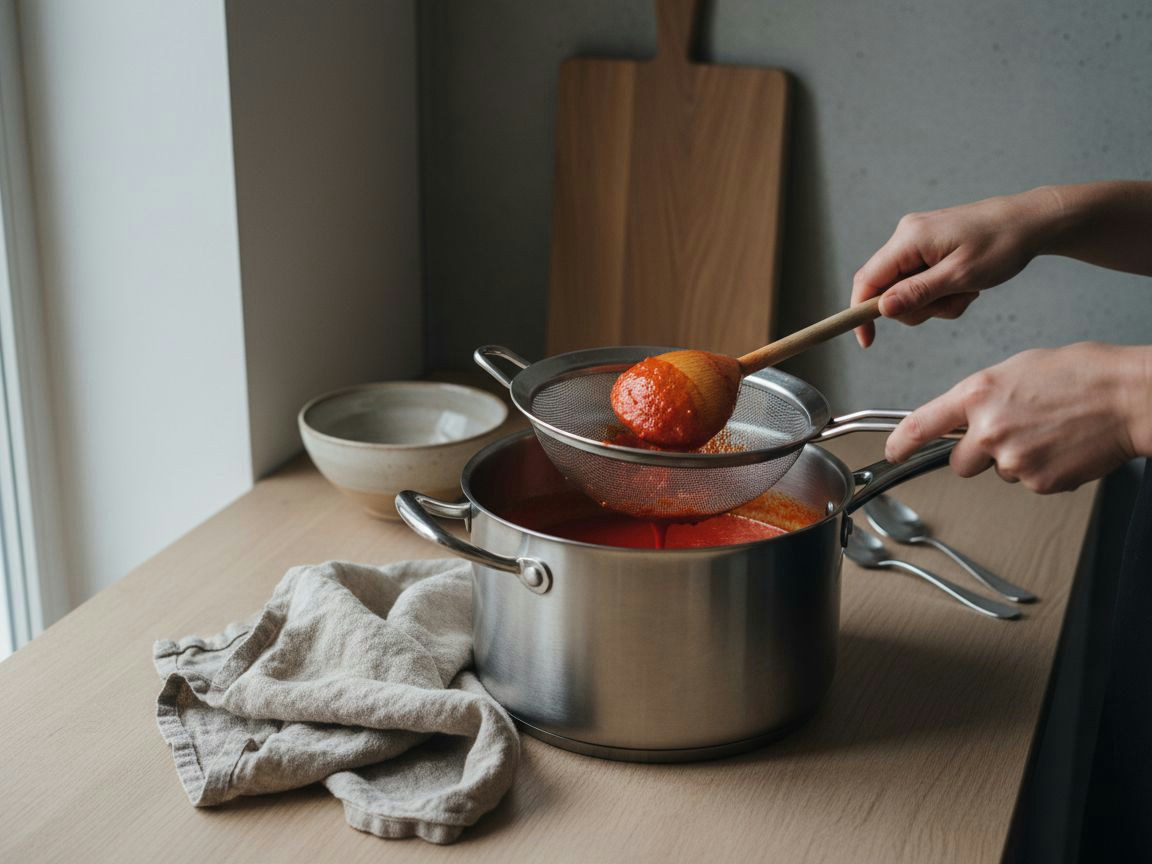 Salsa de piquillo pasándose por un chino de malla fina, roja intensa y completamente lisa