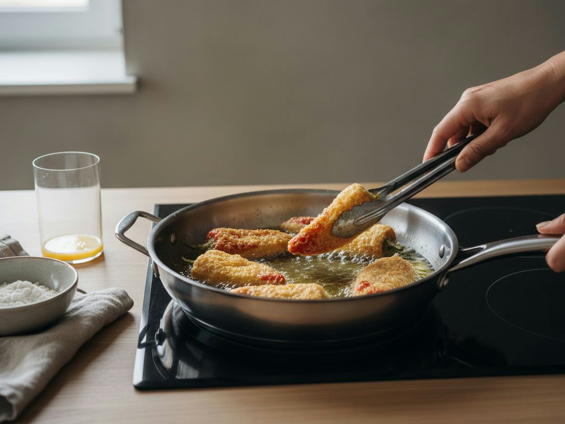 Pimientos rellenos rebozados friéndose en aceite caliente hasta dorarse, con burbujeo alrededor