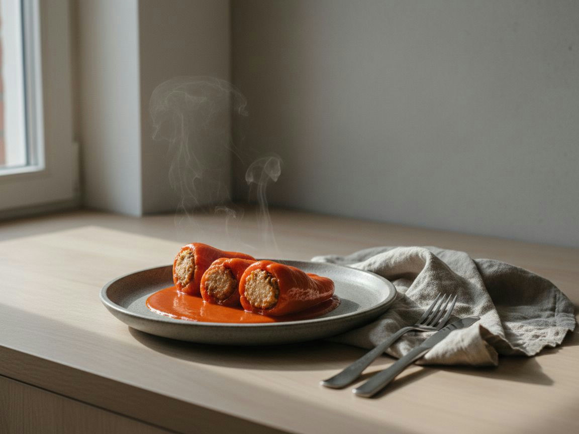 Cazuela de barro con pimientos del piquillo rellenos de carne napados con salsa roja aterciopelada de piquillo, brillante y espolvoreada de perejil picado