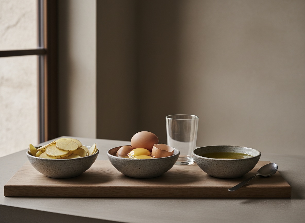 Patatas, huevos camperos y aceite de oliva dispuestos de lado en cuencos de cerámica gris piedra sobre tabla de roble mate, vistos en ángulo lateral con luz por la izquierda.