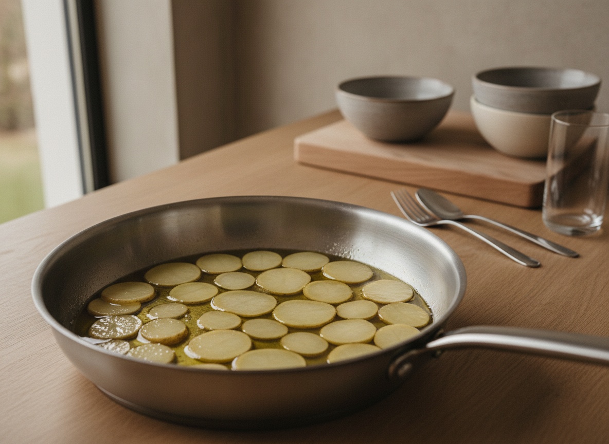 Láminas de patata confitándose en aceite de oliva a fuego suave en una sartén honda, sin dorar, con luz lateral izquierda.