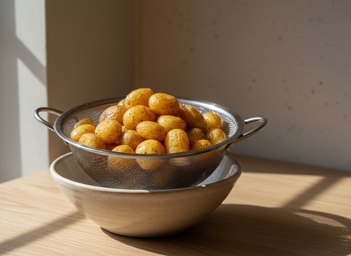 Patatas confitadas escurriendo en un colador metálico sobre un cuenco de cerámica hueso, superficie de roble mate.