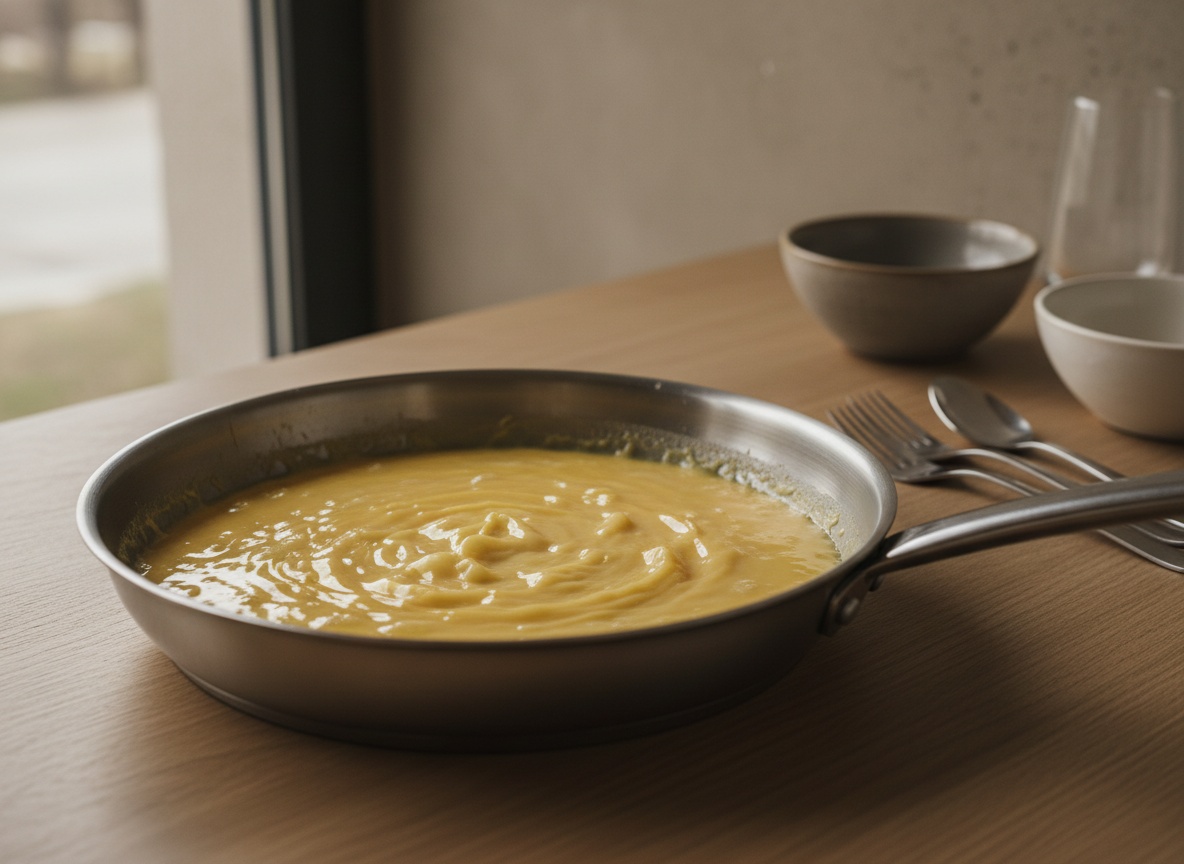 Mezcla de tortilla recién vertida en la sartén caliente, con los bordes fijándose y el centro tembloroso.
