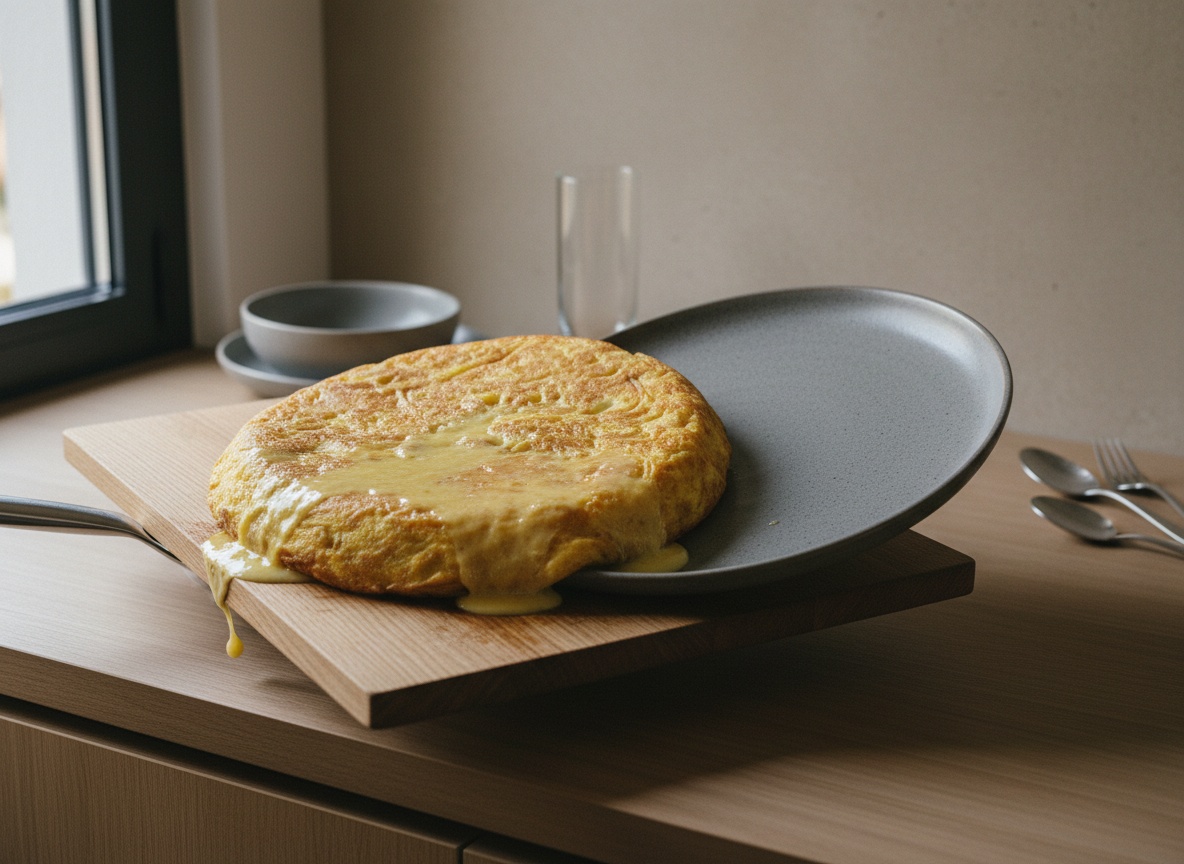 Tortilla en el momento de la vuelta con un plato, gesto rápido, sobre encimera de roble mate.