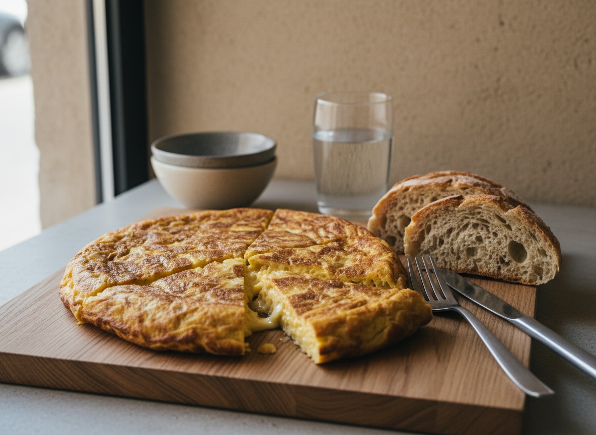 Tortilla poco cuajada reposando sobre una tabla, porcionada junto a rebanadas de pan de hogaza.