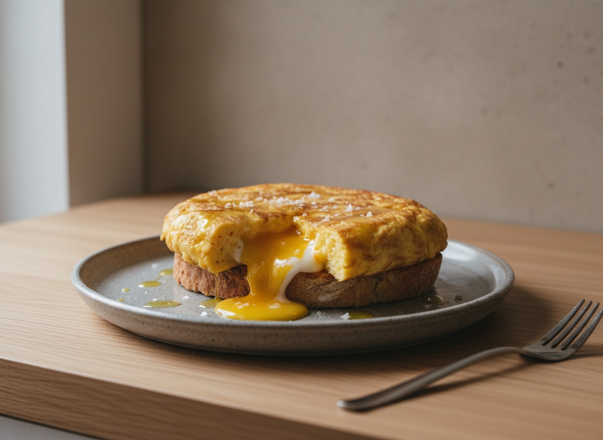 Pincho de tortilla de Betanzos poco cuajada cortado sobre pan de hogaza, con el corazón líquido derramándose, sobre tabla de roble mate y luz lateral por la izquierda.