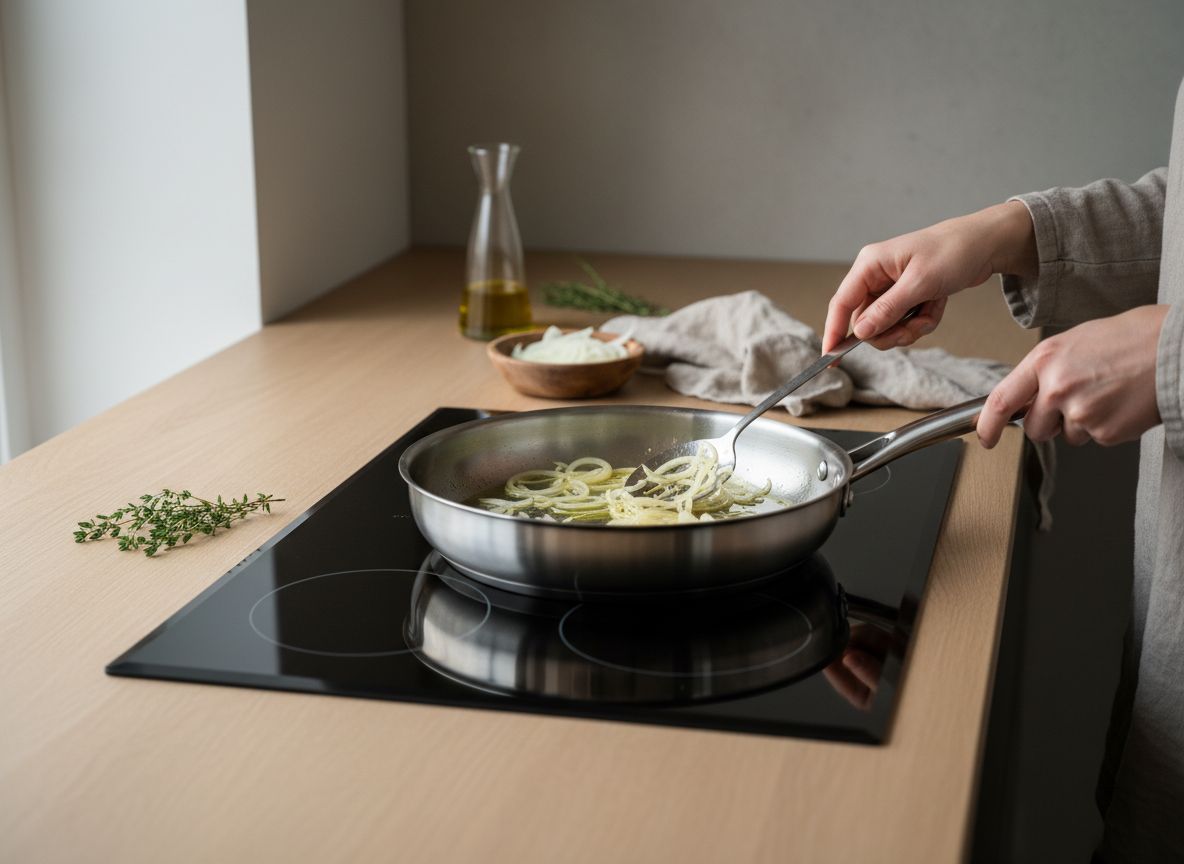 Pocha la cebolla con los 50 ml de aceite y una pizca de los 5 g de sal en una sartén amplia a fuego medio-bajo dura