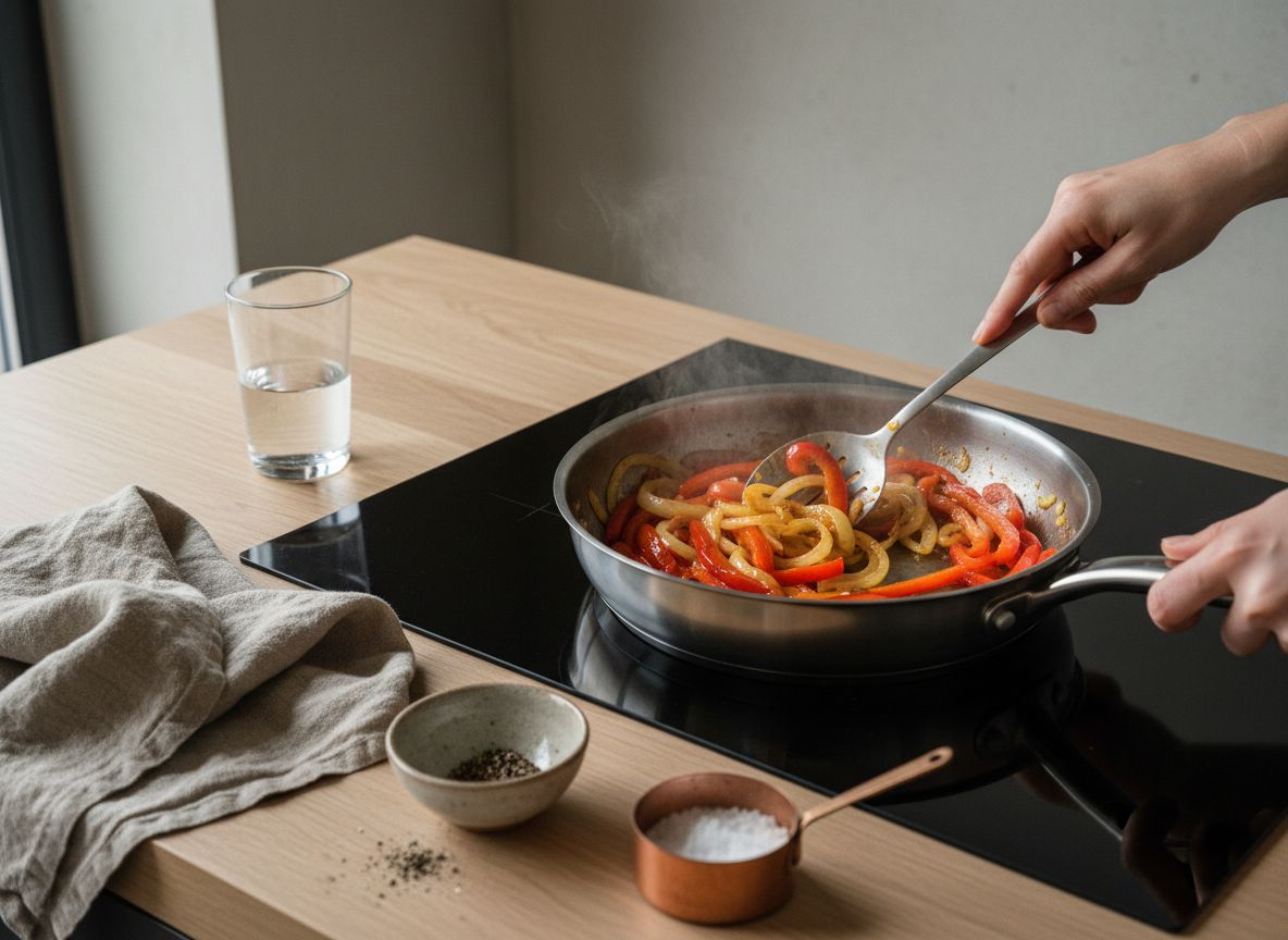 Incorpora todos los pimientos, sube a fuego medio y cocina 20-25 minutos removiendo cada cinco minutos