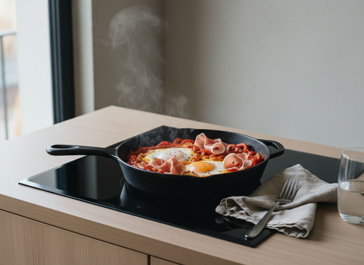 Piperrada vasca con huevos cuajados de yema líquida sobre sofrito rojo de pimientos, tiras de jamón de Bayona y pimiento de Espelette, en sartén de hierro sobre la mesa