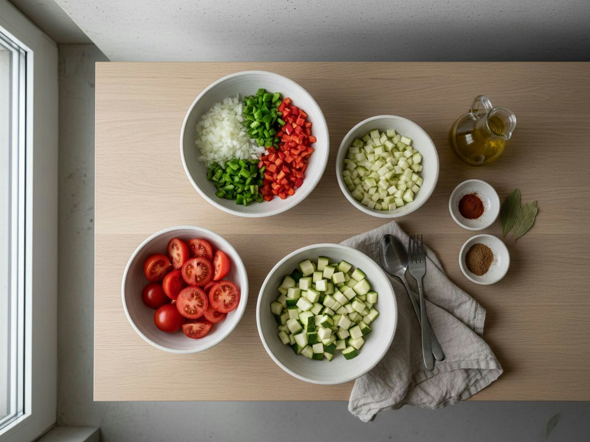 Ingredientes del pisto manchego pesados y cortados en dados: calabacín, pimientos, cebolla y tomates pera pelados