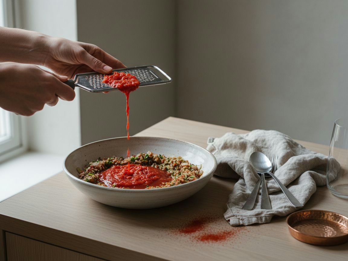 Tomate triturado reduciendo en la cazuela con el aceite anaranjado subiendo limpio a la superficie