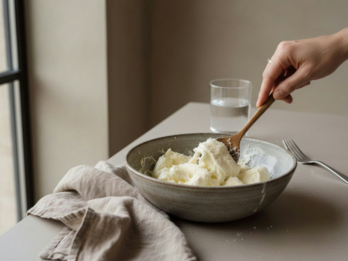 Crema de quesos: mezcla los 100 g de mozzarella bien escurrida y troceada con los 20 g de parmesano rallado y los 2