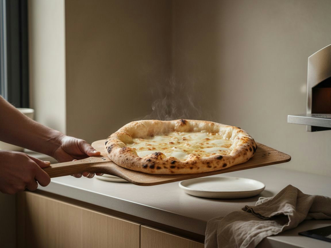 Horneado: desliza la pizza sobre el acero con una pala y hornea 5-7 minutos, hasta que la crema burbujee con puntos