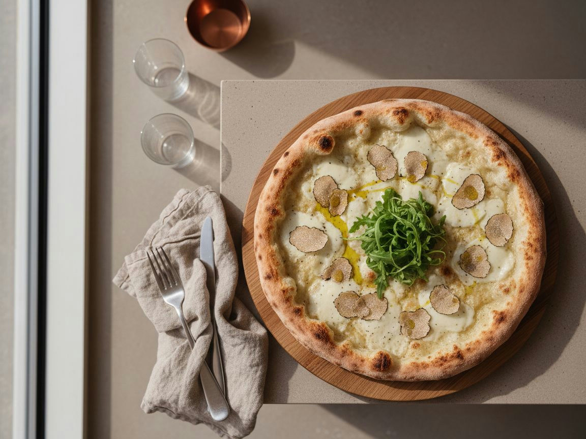 Pizza bianca de cornicione dorado con mozzarella fundida y parmesano, generosas láminas de trufa negra fresca, rúcula verde y un hilo de aceite de trufa, vista cenital sobre tabla de madera