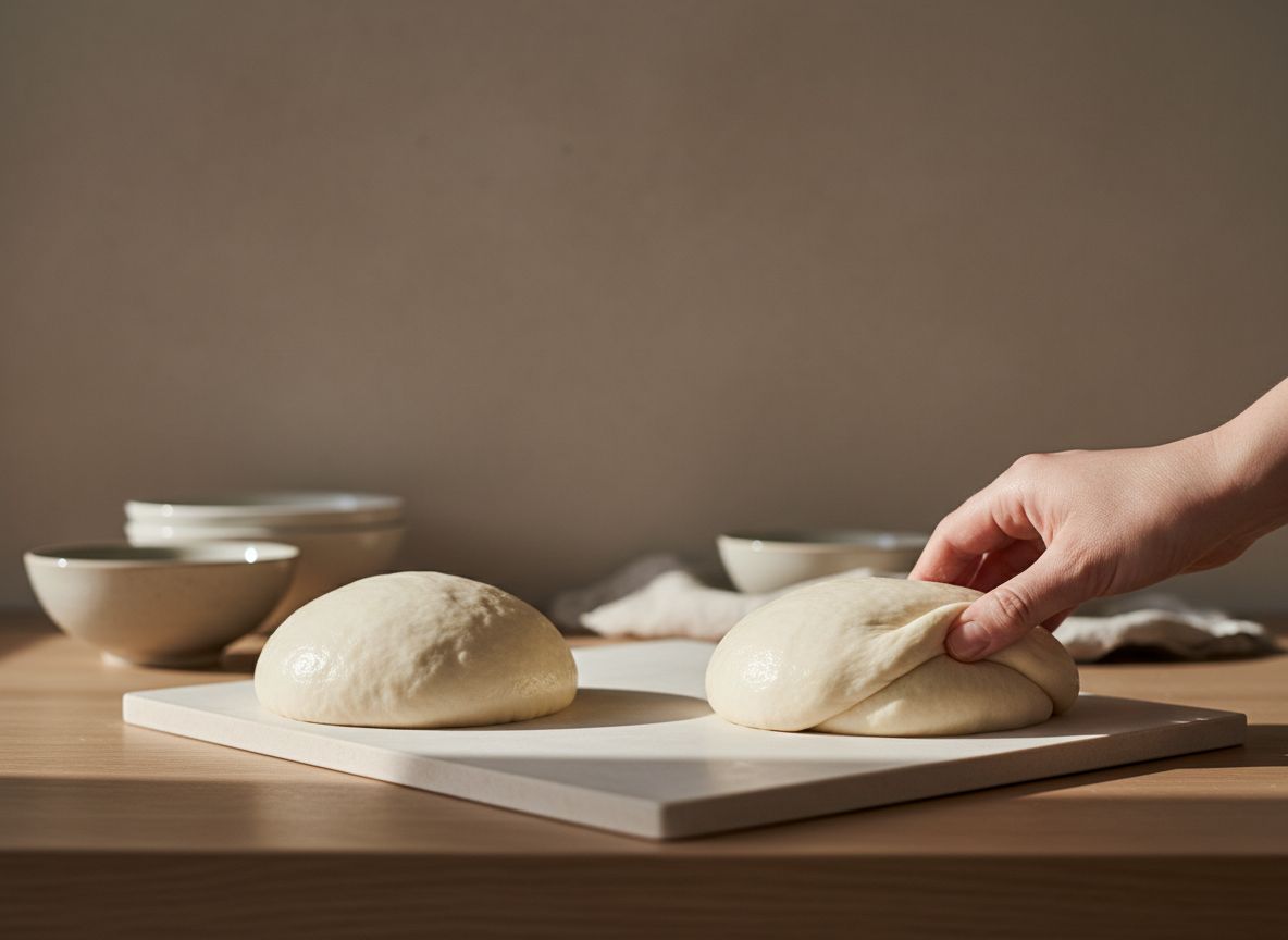 Saca la masa de la nevera, divídela en 2 porciones de unos 420 g y bolea cada una plegando los bordes hacia el cent