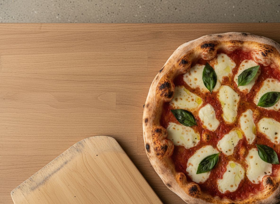 Pizza Margherita napolitana con cornicione hinchado y ampollado en manchas de leopardo, tomate rojo, mozzarella fundida, hojas de albahaca fresca y un hilo de AOVE, vista cenital