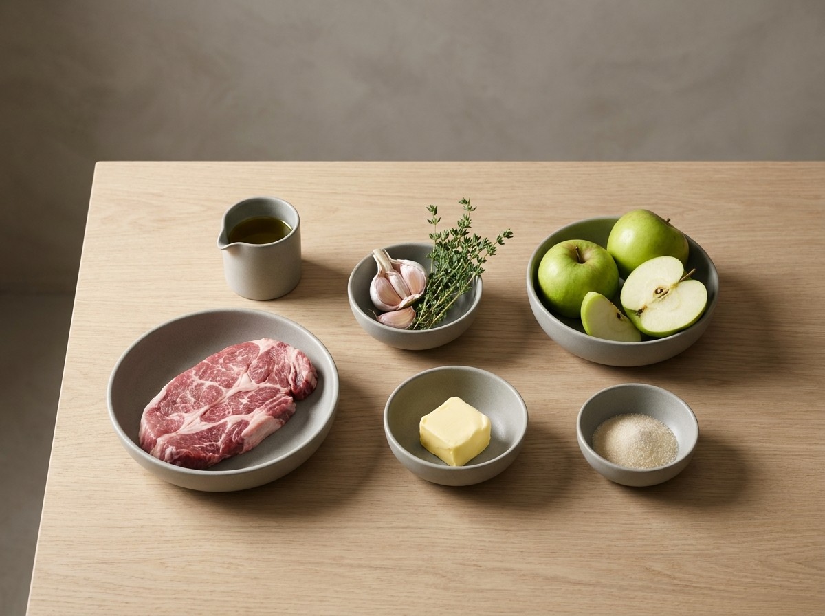 Ingredientes: pluma ibérica, aceite, ajo, tomillo, manzanas reineta y mantequilla