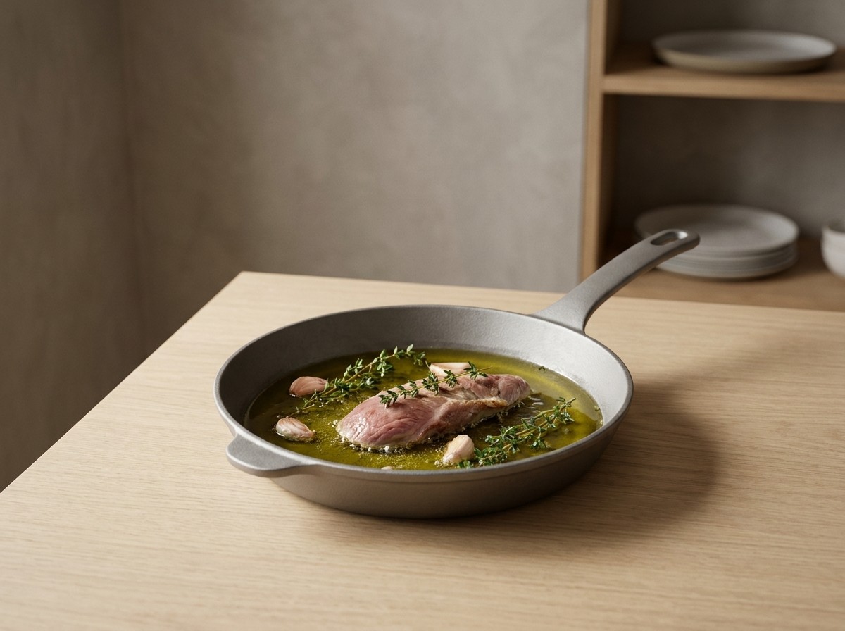 Pluma ibérica confitándose en aceite con ajo y tomillo