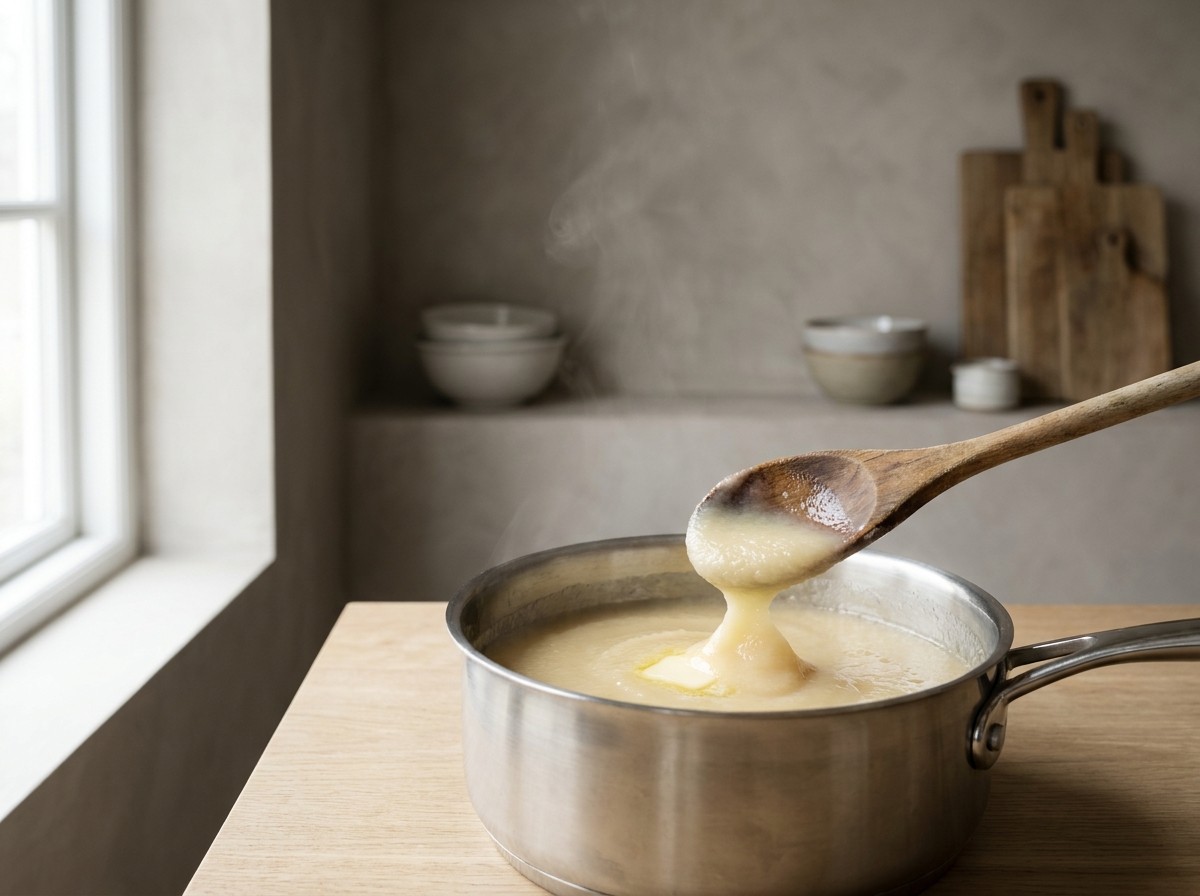 Puré de manzana reineta removiéndose sedoso en la sartén