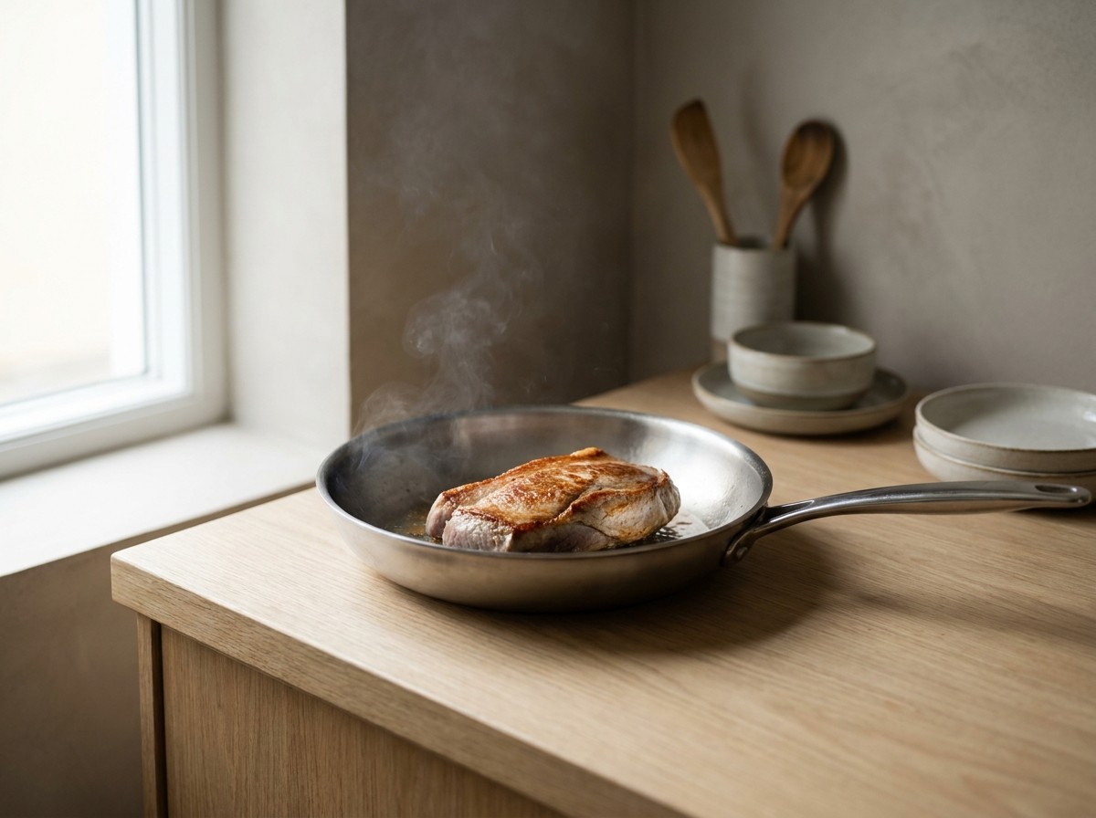 Pluma ibérica sellándose con costra dorada en la sartén