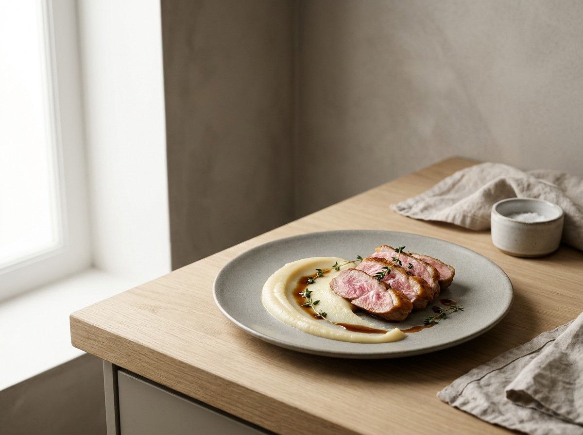 Pluma ibérica confitada en plato de cerámica gris piedra: lonchas doradas de cerdo ibérico rosado sobre un puré claro de manzana reineta, con tomillo.