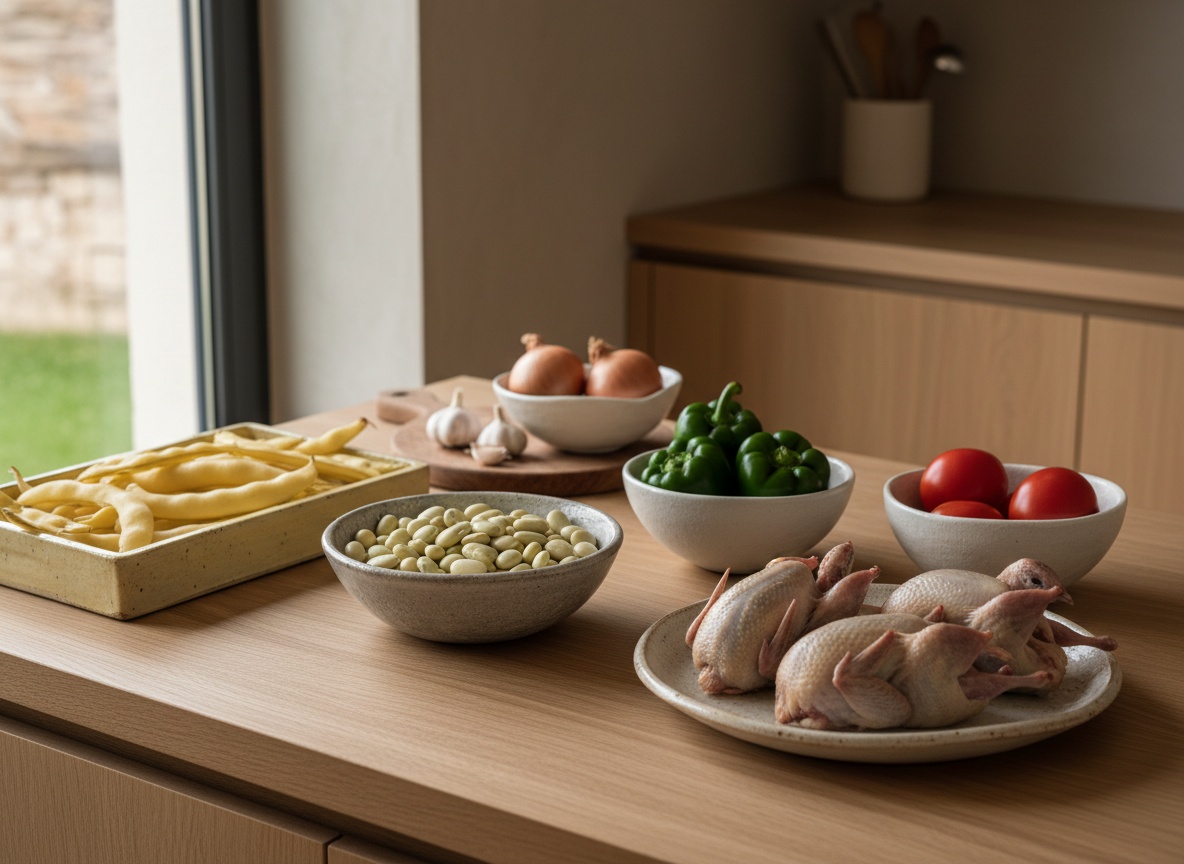 Bodegón de mise en place sobre encimera de piedra: vainas de pochas amarillentas en una bandeja, un cuenco gris piedra con pochas desgranadas, cuatro codornices en un plato, cebollas, pimientos verdes, tomates y ajos.