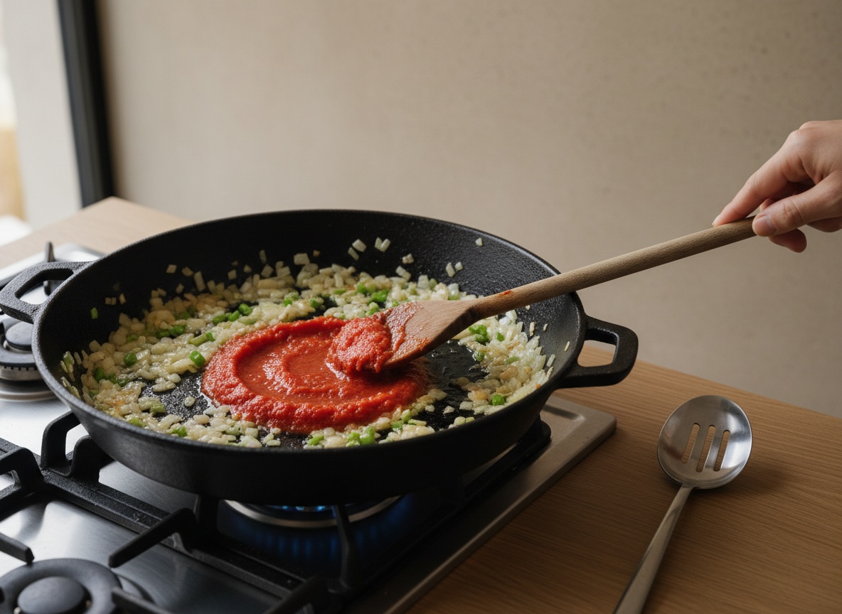 Sartén sobre la placa con llama con sofrito de cebolla y pimiento verde picados finos, ya blandos y traslúcidos, y tomate rallado rojo recién añadido en el centro; una cuchara de madera lo mezcla.